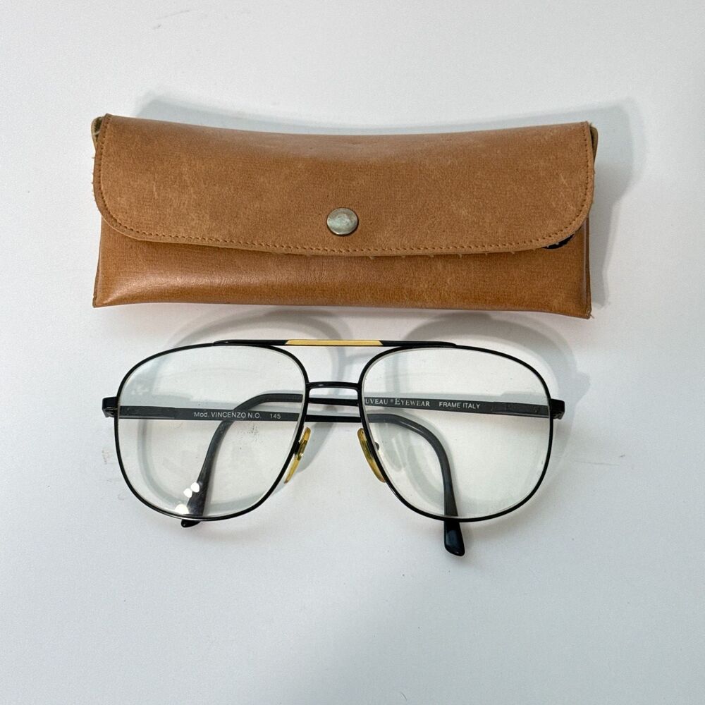 Vintage Nouveau Eyewear Vincenzo Black Gold Aviator Eyeglasses Italy 58 18 145